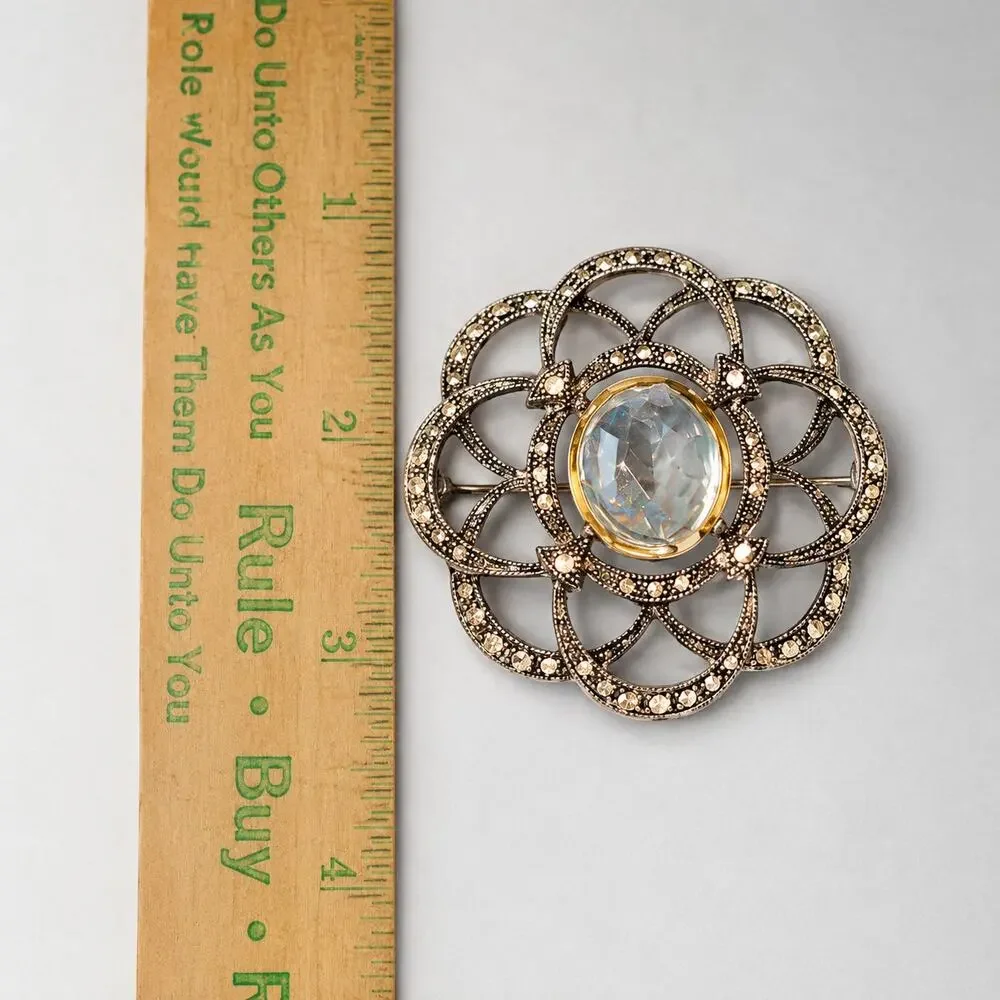 Vintage Signed Monet Brooch Pin Silver Tone Glass Stylized‎ Flower 2